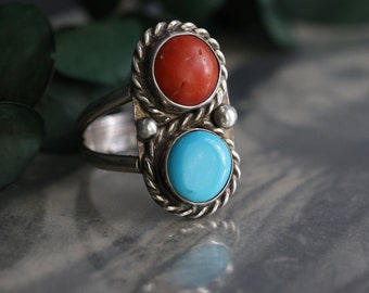 Old Pawn Navajo Turquoise Coral ring Double stone Twisted rope ring Vintage Native American unisex Sterling Silver coral turquoise Ring 8.75