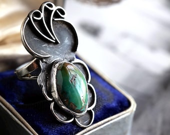 Vintage Navajo Royston Turquoise Ring Large Southwestern Early Native American Elongated Sterling Silver Turquoise Flower Ring Sz 6.5