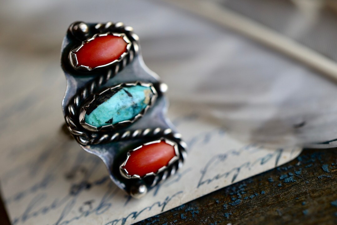 Vintage HUGE Navajo Sterling Silver Turquoise + Coral Stoplight Ring ...