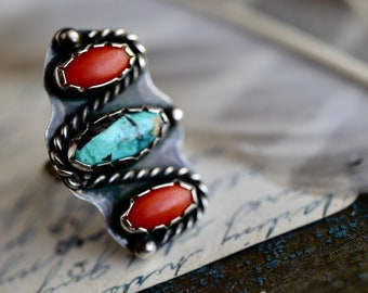 Vintage HUGE Navajo Sterling Silver Turquoise + Coral Stoplight Ring Old pawn Native American turquoise coral large unisex ring Sz 9.5