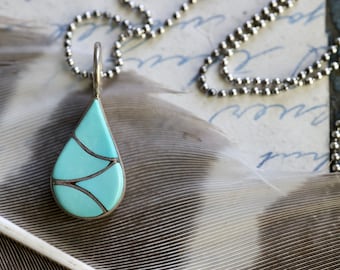 Vintage Zuni onyx + turquoise double sided Channel Inlay Teardrop Pendant Sterling Silver Necklace Zuni turquoise necklace