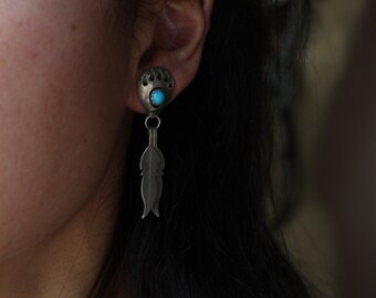 Vintage Navajo Turquoise Shadowbox Bear paw Feather Dangle Earrings Southwestern Sterling Silver Snake Eye Turquoise Bear Dangle Earrings