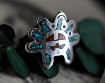 Vintage Zuni Turquoise Coral inlay Sunface God Ring Native American turquoise and coral chip inlay Kachina Sunface ring sterling silver ring
