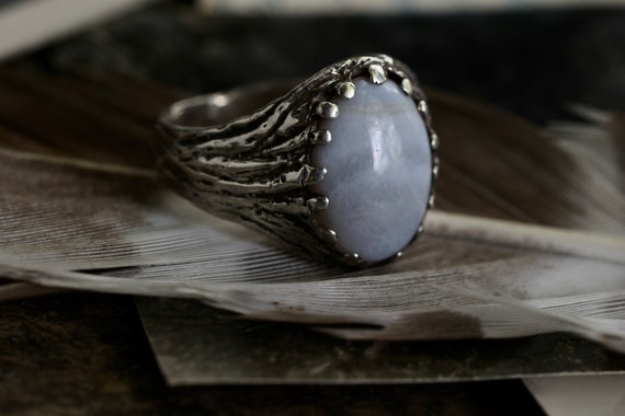 Vintage Sterling Blue Lace Agate Ring Brutalist c… - image 5