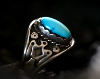 Old Pawn Navajo Sterling Silver Cigar Band Ring with Turquoise Cabochon & Thunderbird Stamp | Fred Harvey Era Vintage Southwest Size 8.25