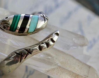 Vintage Sterling snake ring turquoise inlay Snake Ring Sterling Silver snake ring malachite heavy snake Ring onyx Southwestern Ring sz 9.5