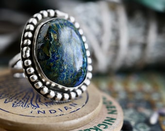 Vintage Azurite Malachite Ring Heavy huge Boho Sterling Silver domed Malachite Azurite ring Brutalist 925 Southwestern ring Sz 6.5