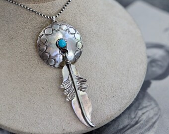 Vintage Navajo Sterling Silver Concho Feather Necklace Southwestern Silver Concho Dream Catcher Turquoise Native American pendant Necklace