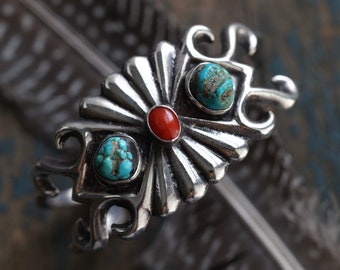 Vintage Navajo turquoise and Coral Sandcast Cuff Native American Super HEAVY Old Pawn Vintage Navajo Sand cast Sterling Silver Cuff Bracelet