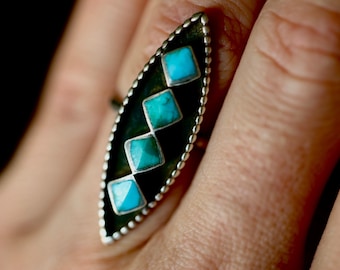 Old Pawn 40s Zuni Shadowbox Turquoise Inlay Ring | Vintage Elongated Diamond Navette | Sterling Silver Statement Ring | Size 6.5