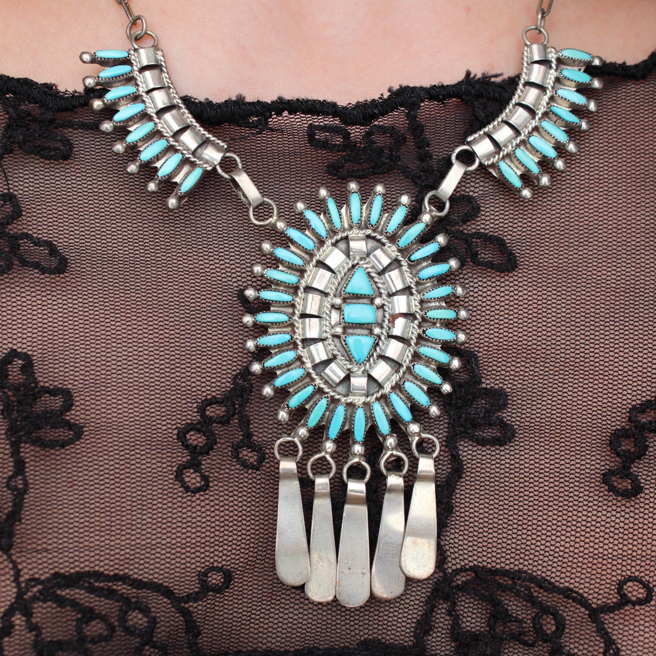 Vintage Native American Old Pawn Zuni Sterling Silver Needlepoint