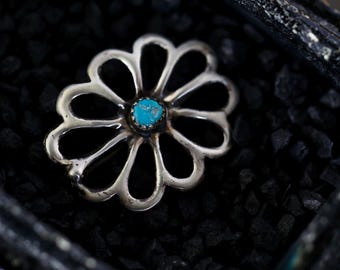 Vintage Navajo Sandcast Sterling Silver Turquoise Brooch | 1940s Flower Pin | Old Pawn Native American Jewelry | Fred Harvey Era | Gift
