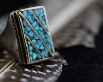 Huge Old Pawn Crushed Turquoise Channel inlay Navajo Turquoise Ring  Rectangular Flush inlay Mens Unisex Heavy Wide Band ring sz 8.25