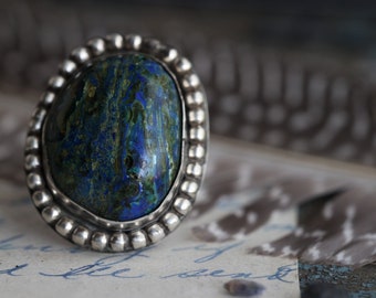 Vintage Azurite Malachite Ring Heavy huge Boho Sterling Silver domed Malachite Azurite ring Brutalist 925 Southwestern ring Sz 6.5