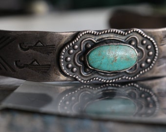 Vintage Old Pawn Fred Harvey Era Turquoise Stamped cuff early Navajo Cerillos turquoise unisex Native American 1930s silver Turquoise Cuff