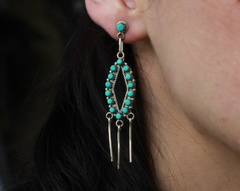 Large Vintage Zuni Turquoise Snake eye Chandelier Dangle Fringe Earrings Native American Sterling Silver Petit point Turquoise Earrings