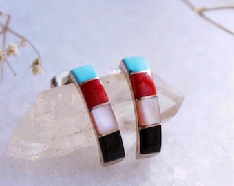 Vintage Native American multicolor Zuni Sterling Silver Turquoise Multi Stone Southwestern Channel Inlay Hoop Post Earrings