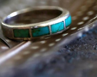Vintage Bell Trading Post Turquoise Inlay Band Ring | Fred Harvey Era Sterling Silver Channel Inlay | Unisex Stackable Southwest Ring | 7.25