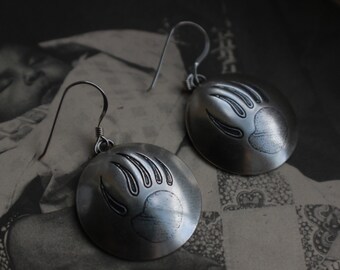Vintage Large Navajo Hand Stamped Bear Paw Concho Earrings Sterling Silver Native American Concho Southwestern Dangle Earrings