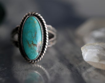 Vintage Turquoise Ring | Fred Harvey Era Jewelry | Royston Old Pawn Navajo Silver | Arrow Band Southwest Boho Statement Ring