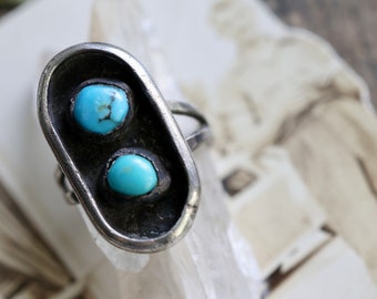 Vintage Navajo Turquoise Shadowbox Ring Native American Sterling Silver Double stone Turquoise Elongated old pawn turquoise Shadowbox sz 7