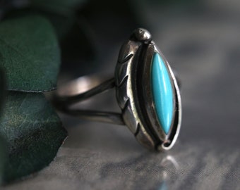Vintage Turquoise Ring Old Pawn Sterling Silver Navette Turquoise Ring mid century Native American Navajo Turquoise Ring Sz 4
