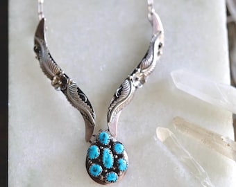 Vintage Navajo Turquoise Teardrop Bib Necklace | Sterling Silver Feather & Blossom Appliqué | Kingman Cluster Pendant | Southwest Boho 25”