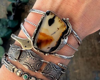 Vintage Navajo Dendritic Agate Cuff | Sterling Silver Feather Appliqué | VF Signed | Old Pawn Landscape Stone Bracelet | Collector Jewelry
