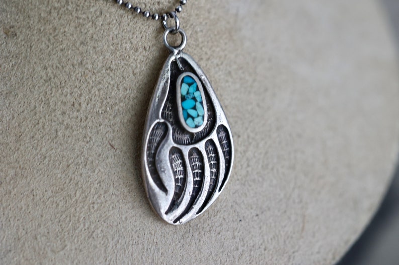 Vintage Navajo Bear Paw Sterling Silver Turquoise Chip Inlay Overlay ...