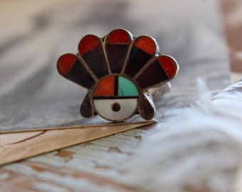 Gorgeous multicolor Vintage Sterling Silver Native American Southwestern Zuni Multi-Stone Inlay Sunface God Ring Sz 3.5