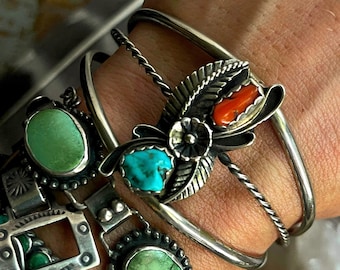 Vintage Navajo Turquoise and Coral squash blossom Feather Cuff Native American Sterling silver bracelet red coral Turquoise Cuff Bracelet