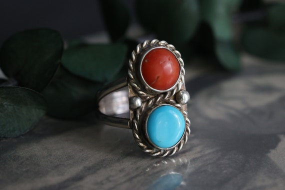 Old Pawn Navajo Turquoise Coral ring Double stone… - image 7