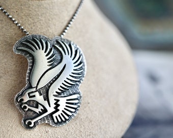 Vintage Hopi Sterling Eagle Overlay pin Pendant Native American Southwestern Sterling Silver Hopi Overlay Soaring Eagle  pendant Necklace