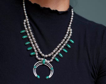 Vintage Navajo Squash Blossom Necklace green malachite Native American squash blossom Necklace malachite squash blossom