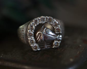 Vintage Sterling Silver Horse Head Horseshoe Ring | CZ Statement Biker Rodeo Ring | Rockabilly Western Jewelry | Size 12 Unisex | Mens Ring