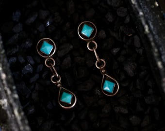 Vintage Zuni Earrings | Turquoise Inlay Shadowbox Dangle Studs | Sterling Silver Native American Turquoise | Turquoise Stone Dangle Earrings