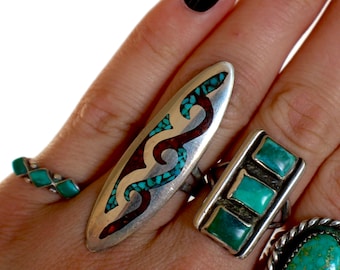 Beautiful Huge Old Pawn Vintage Navajo Elongated Turquoise and Coral Chip Flush inlay ring sz 6