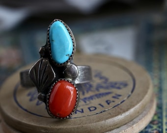 Vintage Navajo Turquoise + Coral Ring Native American Sterling Silver double stone turquoise and red coral feather Ring southwestern Sz 5.25