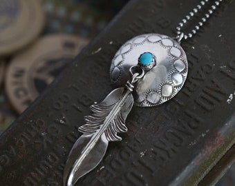Vintage Navajo Sterling Silver Concho Feather Necklace Southwestern Silver Concho Dream Catcher Turquoise Native American pendant Necklace