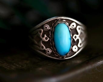 Old Pawn Navajo Sterling Silver Cigar Band Ring with Turquoise Cabochon & Thunderbird Stamp | Fred Harvey Era Vintage Southwest Size 8.25