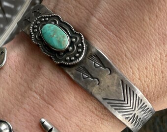 Vintage Old Pawn Fred Harvey Era Turquoise Stamped cuff early Navajo Cerillos turquoise unisex Native American 1930s silver Turquoise Cuff