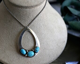 Vintage Navajo Turquoise 3 stone teardrop Pendant necklace Native American turquoise necklace sterling Silver southwestern Pendant Necklace