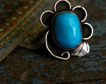 Beautiful Old Pawn Vintage Navajo Brilliant Blue Morenci Turquoise Sterling Silver Split Shank Flower Ring Sz 6.75