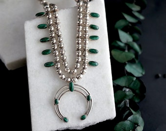 Vintage Navajo Squash Blossom Necklace green malachite Native American squash blossom Necklace malachite squash blossom