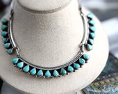Old Pawn TAXCO Petit Turquoise Bib Necklace Native American Zuni Sterling Silver Turquoise Petit Point Paperclip chain Necklace