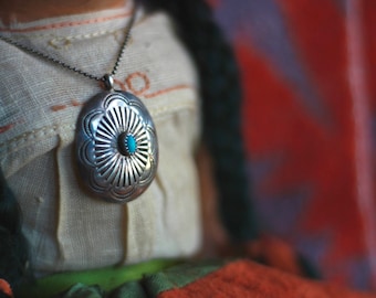 Vintage Navajo Turquoise Silver Concho Hand stamped sterling silver southwestern Native American old pawn Concho pendant 16” Necklace