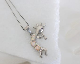 Vintage Zuni Created opal and Amethyst Kokopelli Pendant Sterling Silver Native American Flute Player Southwestern pendant Necklace