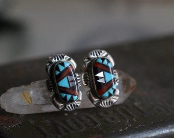 Vintage Zuni mosaic inlay earrings multistone Native American Zuni Sterling Silver Multi Stone Inlay Oval Post Earrings
