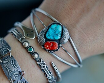 Vintage Navajo Sterling Cuff Bracelet | Turquoise & Red Coral | Squash Blossom Feather Appliqué | Native American Jewelry Heirloom