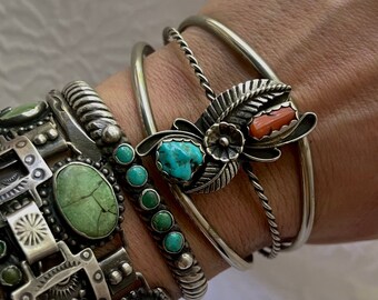 Vintage Navajo Turquoise and Coral squash blossom Feather Cuff Native American Sterling silver bracelet red coral Turquoise Cuff Bracelet